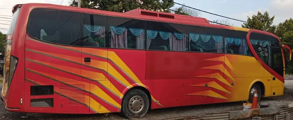 Tour coach with curtained windows